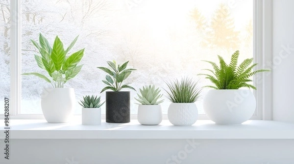 Fototapeta Indoor Plants on a Minimalist Window Ledge in Winter with Snowy Background