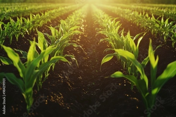 Obraz Vibrant young corn plants in fertile field under warm sunshine.