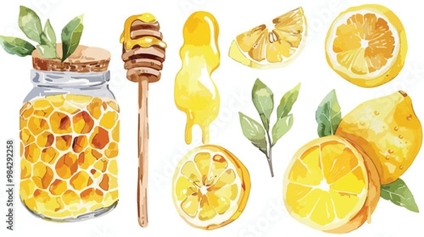 Obraz Honey Comb Dipper Lemon Set Watercolor Isolated