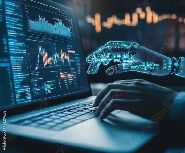 Fototapeta Robotic arm and human hand working with financial data.