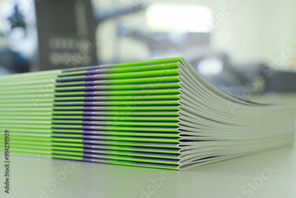 Fototapeta Stitched printing brochures folder in the bookbindery or print shop. Print sorted with spine. Lettershop or bookbinder.