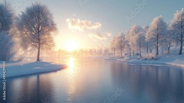 Fototapeta Serene winter landscape with snow-covered trees and a tranquil river.