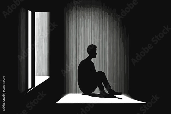 Fototapeta Depression and mental health problems. Man sitting on the floor in the dark