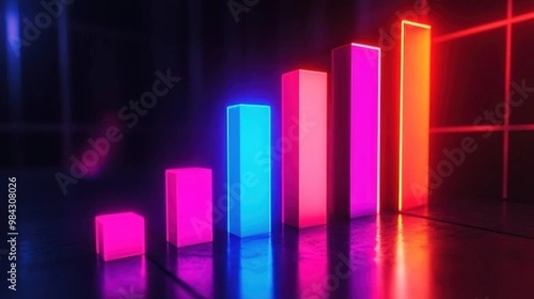 Obraz A neon-themed, ascending bar graph showing the stages of business growth, each bar progressively taller.