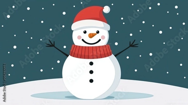 Fototapeta A cheerful snowman wearing a red scarf and hat stands against a snowy background, spreading festive joy, Christmas concept.