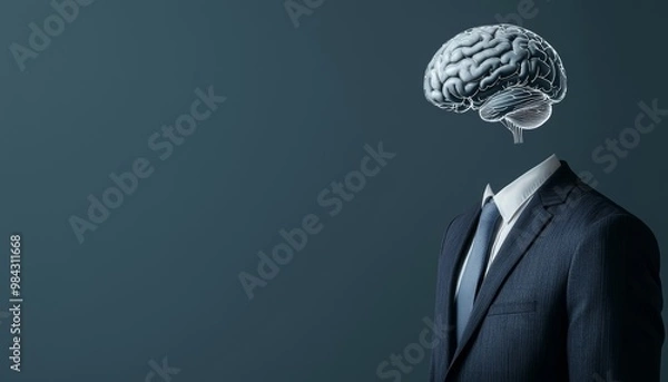Fototapeta A man in a suit with no visible head, replaced by a digital brain hovering, illustrating a tech-driven mind.