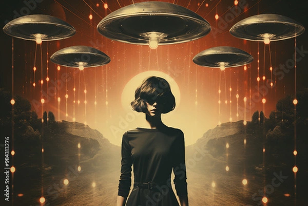 Fototapeta Contemporary artwork photo collage pop art vintage pinup trend style wallpaper Generative AI technology