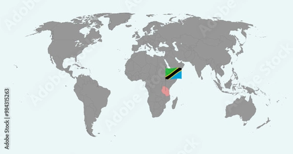 Fototapeta Pin map with Tanzania flag on world map. Vector illustration.