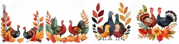 Fototapeta A charming family of turkeys depicted in a festive fall setting