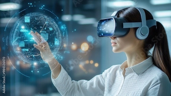 Fototapeta Advanced analytics displayed on immersive VR interfaces, representing data-driven decision making for businesses in 2025