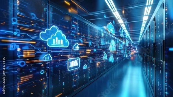 Fototapeta Hybrid cloud computing system managing business data in a high-tech server room, symbolizing future data trends