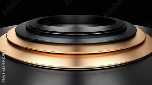 Fototapeta A close-up view of a sleek, modern circular design featuring contrasting black and gold elements on a dark background.