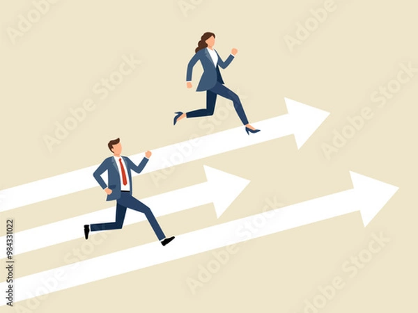 Fototapeta スーツ姿で目標に向かって走る男性と女性のフラットベクター画像	