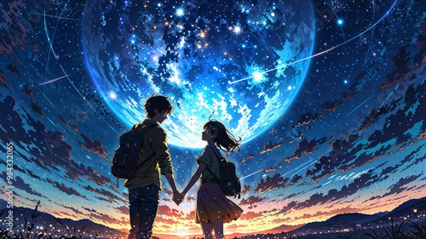 Obraz Anime Couple Under a Magical Starry Sky with Glowing Orbs of Light