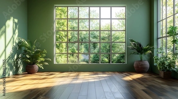Obraz Modern empty room with a green olive wall, polished wood floors, and natural light streaming in