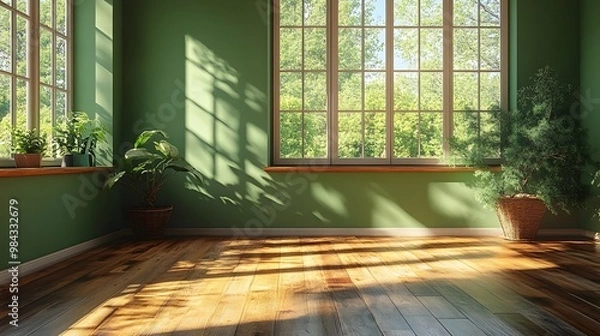 Fototapeta Olive green wall in an empty living room with natural flooring and minimalistic style