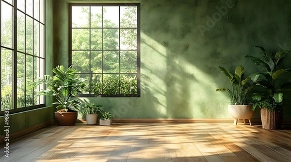 Obraz Contemporary empty room featuring olive green wall, neutral wood flooring, and soft ambient light