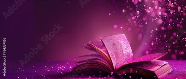 Fototapeta A magical open book glowing with lights and stars, accompanied by a wand, representing the wonders of education, imagination, and storytelling