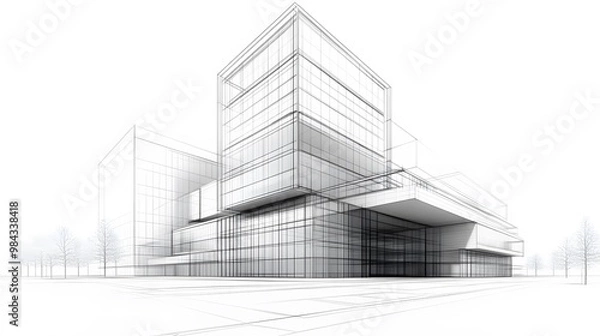 Obraz An architectural wireframe sketch of a modern office complex, showcasing transparent structures, geometric lines, and a monochrome grayscale design with a minimalist aesthetic.