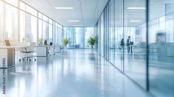 Fototapeta A bright modern open office space with glass walls, white desks, ergonomic chairs, and natural light from large windows, creating a clean corporate environment with a soft focus effect.