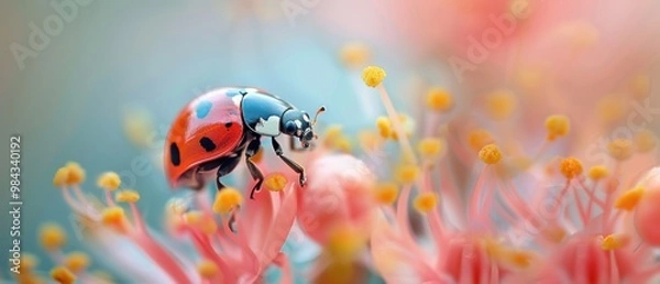 Fototapeta Colorful Ladybug on Flower Petals in Soft Focus