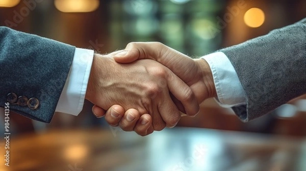 Obraz Two business professionals shaking hands across a table, agreement, successful negotiation outcome, photorealistic