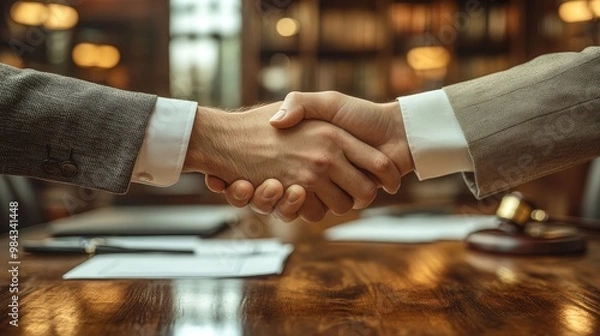 Fototapeta Two lawyers shaking hands after resolving a legal negotiation with documents on the table, legal settlement, successful negotiation, photorealistic