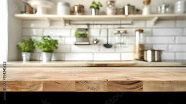 Fototapeta A Wooden Countertop in a Modern Kitchen with White Tile Backsplash and a Blurred Background