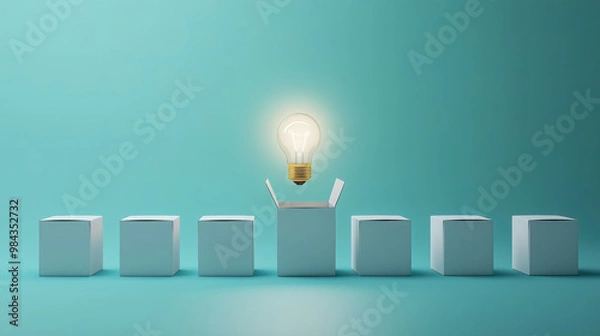Fototapeta A row of white boxes, one of them open, and a bright light bulb coming out of it. The concept of creativity and transcending.