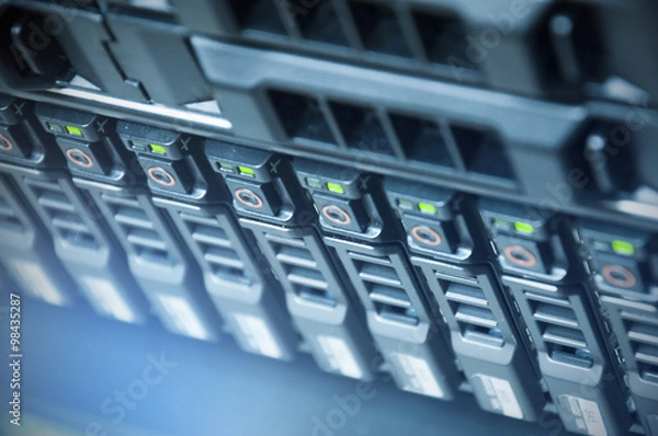 Obraz Array disk storage in data center with depth of field from top v