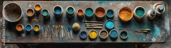 Fototapeta A vibrant collection of paint pots, brushes, and tools arranged artistically on a weathered surface, perfect for creative projects.