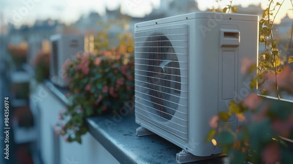 Fototapeta Air conditioning units on a rooftop surrounded by blooming flowers at sunset