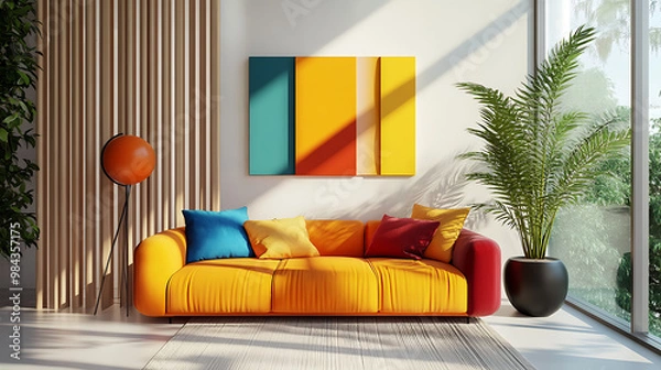 Fototapeta Colorful multicolored sofas, Minimalist interior design of modern living room with colorful multicolored sofa against concrete wall,Japandi, minimalist interior design of modern living room. Ai