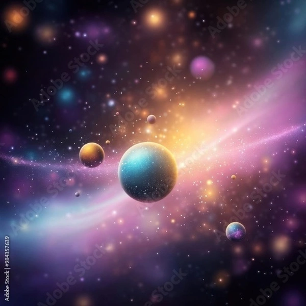 Fototapeta A vibrant cosmic scene featuring colorful planets against a backdrop of sparkling stars and swirling galaxies.