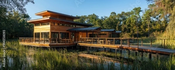 Fototapeta A wooden ecological education center in a wetland park, featuring classrooms and viewing platforms integrated into the natural setting