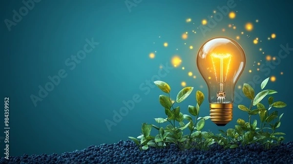 Fototapeta Light bulb with growing plant inside, idea and growth concept, flat design illustration, isolated on background