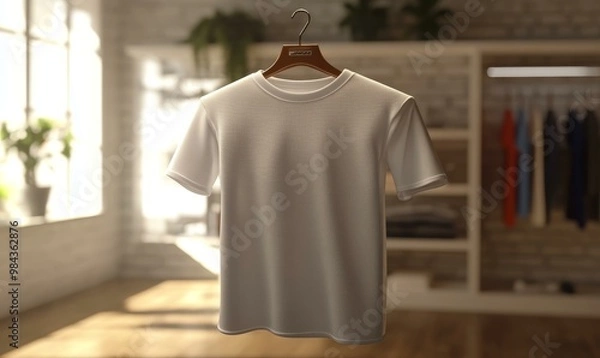 Fototapeta White t-shirt hanging on a hanger in a room.