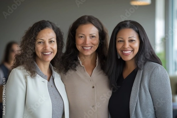 Fototapeta Three women are smiling for the camera. They are wearing business attire and appear to be happy. Concept of camaraderie and positivity
