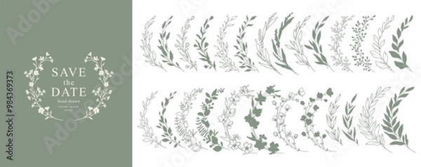 Fototapeta Hand drawn botanical floral elements in line art and silhouette style. Flowers, branches and leaves. Vector set for label, logo, corporate identity, wedding invitation, wreath, frame, border.