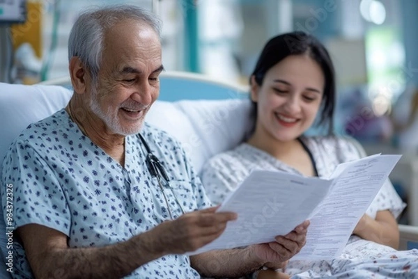 Fototapeta Patients smiling reading medical report in the medical center image.