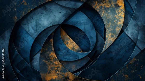 Fototapeta Bold abstract art with overlapping circular navy blue and gold shapes creating a visually striking modern composition.