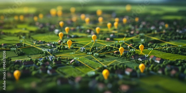 Fototapeta A 3D-rendered map showing yellow location pins and routes, representing GPS navigation, geolocation, and mapping technology.
