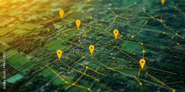Fototapeta A 3D-rendered map showing yellow location pins and routes, representing GPS navigation, geolocation, and mapping technology.
