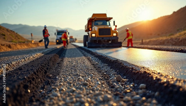Fototapeta Highway construction site with workers laying asphalt on a sunny day using heavy machinery.






