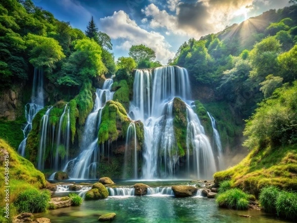 Fototapeta A majestic waterfall tumbles down, flanked by emerald green foliage, while the surrounding mountains rise up, creating a dramatic and Photograph-worthy landscape.