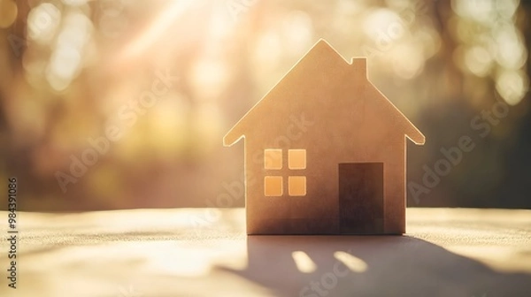 Fototapeta Wooden Home Silhouette with Golden Sunset Bokeh