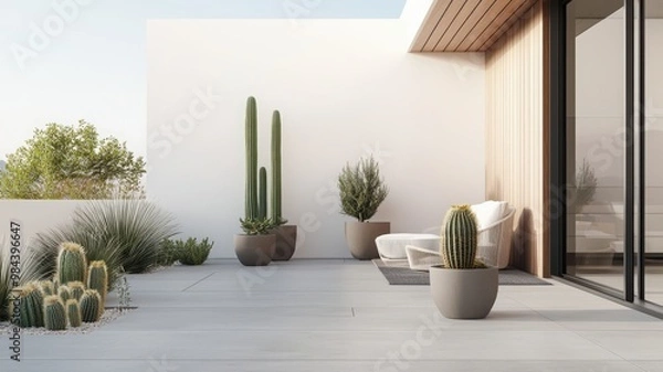 Fototapeta A serene outdoor terrace featuring modern planters with cacti and greenery, ideal for relaxation and contemporary design inspiration.