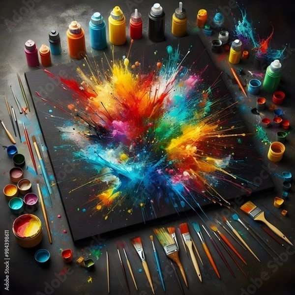 Fototapeta Colorful paints on black canvas, High-resolution artistic setup