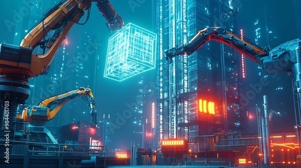 Fototapeta Futuristic cityscape with robotic arms and glowing neon cube in a cyberpunk industrial setting, showcasing advanced technology and innovation.