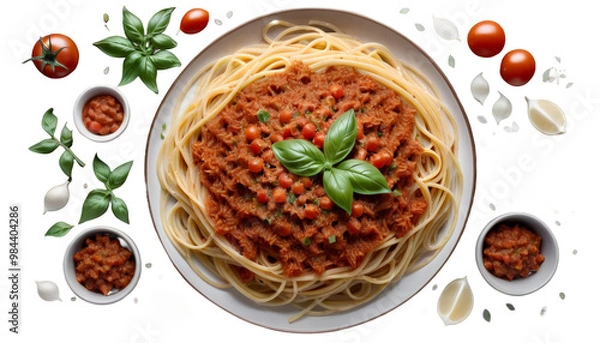 Fototapeta  olated vegan background bolognese spaghetti generative ai dinner vegetarian spaghetti bolognese tomatoes spice mushroom garlic onion courgette sauce noodle herb favor nourishment plate kitchen